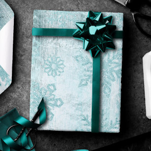 Rustieke sneeuwvlokken   Luxe turquoise houten pla Cadeaupapier