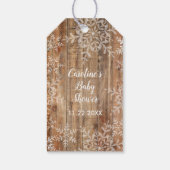 Rustieke sneeuwvlokken op houten Baby shower Cadeaulabel (Achterkant)