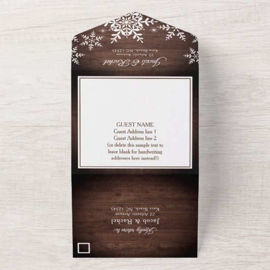 Rustieke Sneeuwvlokken op Houten Kerstmis Winter B All In One Uitnodiging (Buitenkant)