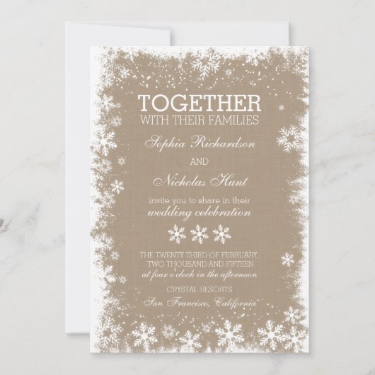 Rustieke sneeuwvlokken Winter Huwelijksuitnodiging Kaart (Voorkant)
