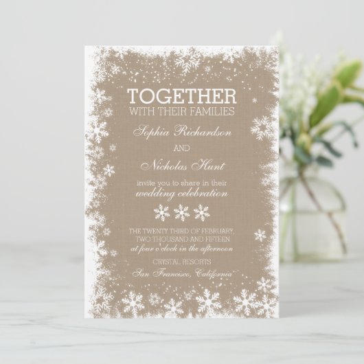 Rustieke sneeuwvlokken Winter Huwelijksuitnodiging Kaart (Staand voorkant)