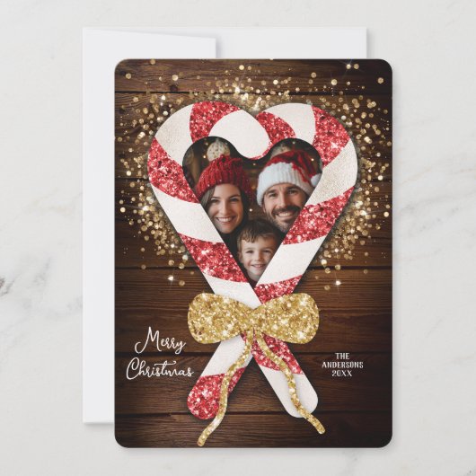 Rustieke snoep Cane Lijst Familie Foto Kerst Kaart (Voorkant)