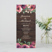 Rustieke snoerlampen bordeaux bloem bruiloftsmenu menu (Staand voorkant)