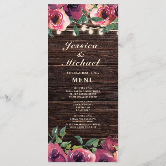 Rustieke snoerlampen bordeaux bloem bruiloftsmenu menu (Voorkant)