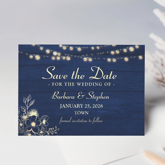 Rustieke snoerlampen marineblauw save the date