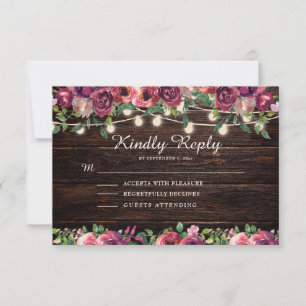Rustieke snoerlampjes hout burgundy bloem RSVP kaartje
