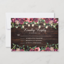 Rustieke snoerlampjes hout burgundy bloem RSVP kaartje