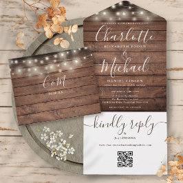 Rustieke snoerlampjes QR-code monogram bruiloft All In One Uitnodiging