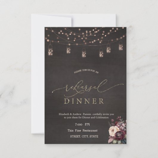 Rustieke snoerlampjes rozen repetitiediner kaart (Voorkant)