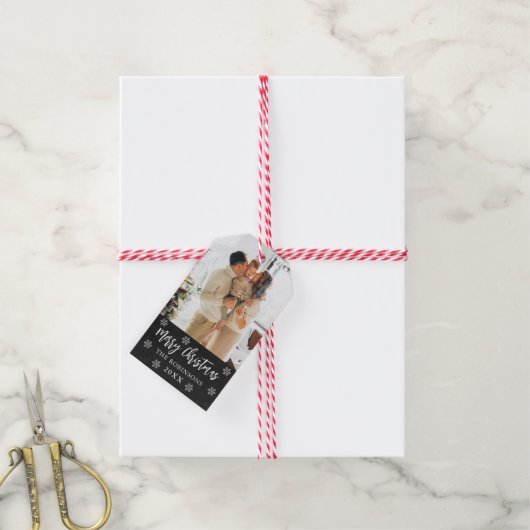 Rustieke Snowflake Krijtbord Foto Kerstmis Cadeaulabel (Met Touw)