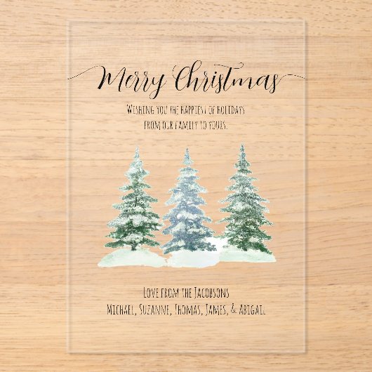 Rustieke Snowy Pine Trees Merry Christmas Kaart Acryl Uitnodigingen (Voorkant)