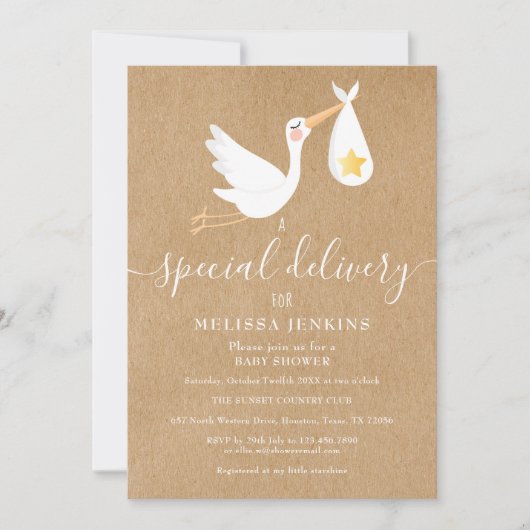 Rustieke speciale bezorging ooievaar baby shower s kaart (Voorkant)