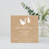 Rustieke speciale bezorging ooievaar baby sprinkle kaart (Staand voorkant)