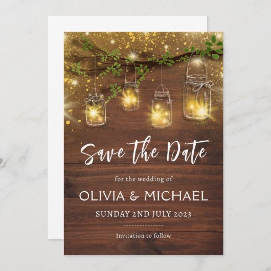 Rustieke sprookjeslichten save-the-dates, metsonja kaart (Voorkant / Achterkant)