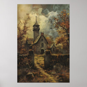 Rustieke stenen gotische kerk kunst, vintage herfs poster