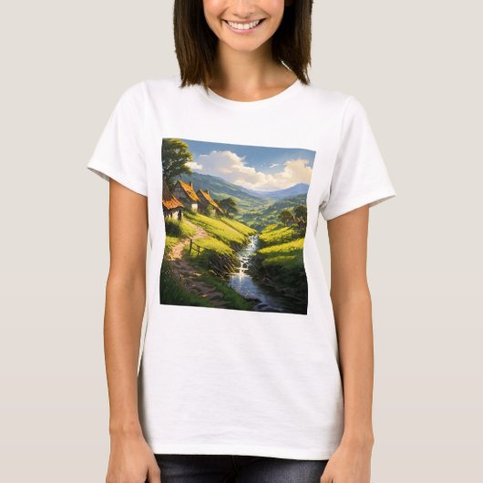 Rustieke stenen huizen dorp t-shirt (Voorkant)