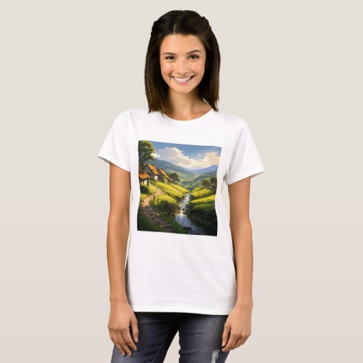 Rustieke stenen huizen dorp t-shirt (Voorkant volledig)