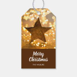 Rustieke ster en kerstverlichting cadeaulabel