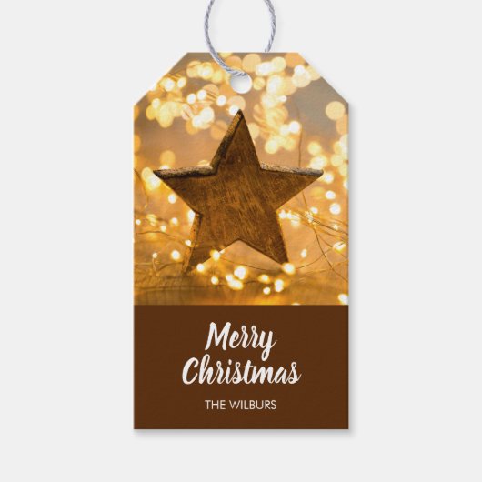 Rustieke sterren en kerstverlichting cadeaulabel (Voorkant)