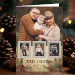 Rustieke  Stijl Vier-Foto Kerst Bloemen Feestdagen Kaart<br><div class="desc">Rustieke en nostalgische,  op de vintage geïnspireerde wenskaart met grote fotosjabloon met drie kleine invoegfoto's op antiek snapshot-lijsten op een verontruste achtergrond met hulst en evergreens in warme sepia-tinten.</div>