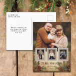 Rustieke  Stijl Vier-Foto Kerst Bloemen Feestdagenkaart<br><div class="desc">Rustieke en nostalgische,  op de vintage geïnspireerde wenskaart met grote fotosjabloon met drie kleine invoegfoto's op antiek snapshot-lijsten op een verontruste achtergrond met hulst en evergreens in warme sepia-tinten.</div>