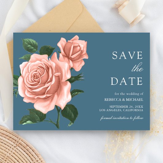 Rustieke Stof Blauw Perzik Rozen Bruiloft Save The Date