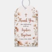 Rustieke Stof Roze Wilde Bloem Doop Bedankje Cadeaulabel (Voorkant)