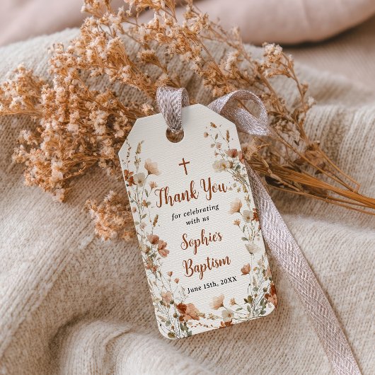 Rustieke Stof Roze Wilde Bloem Doop Bedankje Cadeaulabel