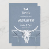 Rustieke Stofblauw Eet Drink Wordt Getrouwd Stiere Aankondiging (Voorkant / Achterkant)