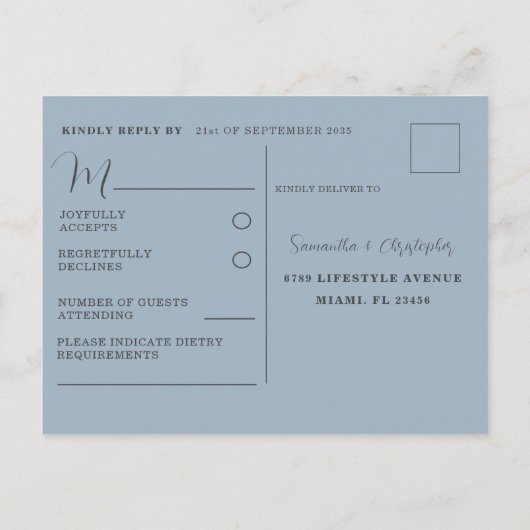 Rustieke Stofblauw RSVP Trouw Postkaart Uitnodiging Briefkaart (Achterkant)