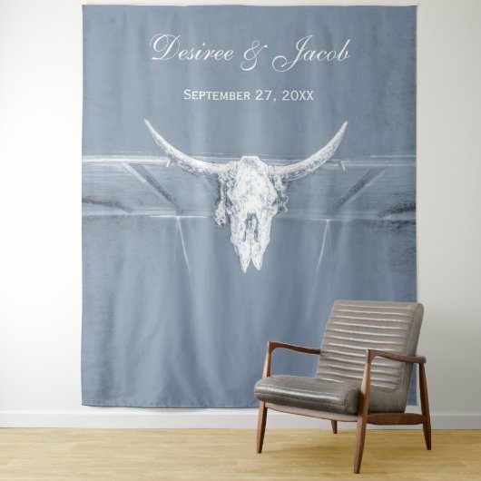 Rustieke Stofblauw Witte Western Koeien Schedel Ac Wandkleed (In situ)