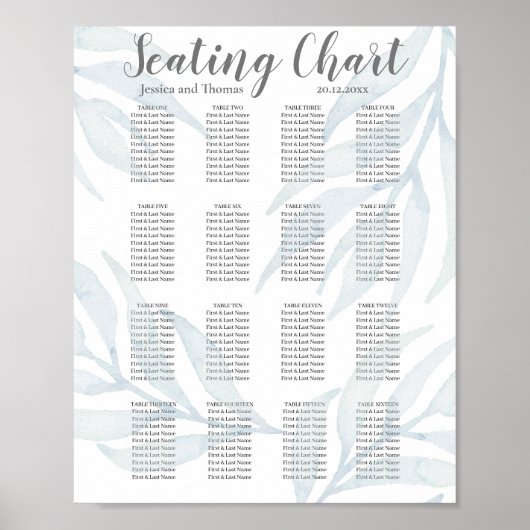 Rustieke Stofblauwe Blad Bruiloft Zitplaatskaart Poster (Voorkant)