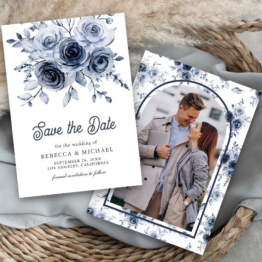 Rustieke Stofblauwe Bloem Foto Bruiloft Save The Date