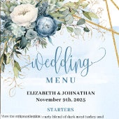 Rustieke Stofblauwe Bloemige Gouden Glitter Bruilo Menu