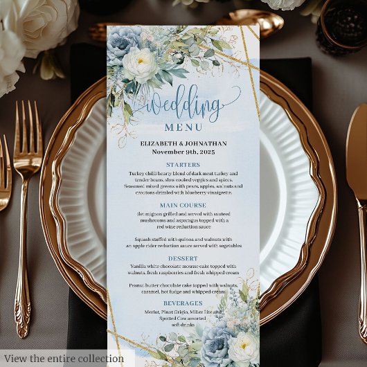 Rustieke Stofblauwe Bloemige Gouden Glitter Bruilo Menu