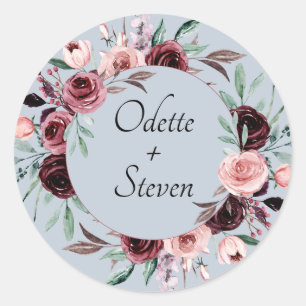 Rustieke Stofblauwe en Bourgondische Bloesem Bruil Ronde Sticker