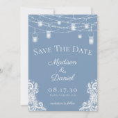Rustieke Stofblauwe Lichtjes Foto Bruiloft Save The Date (Voorkant)