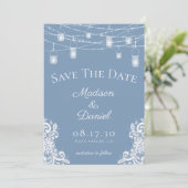 Rustieke Stofblauwe Lichtjes Foto Bruiloft Save The Date (Staand voorkant)