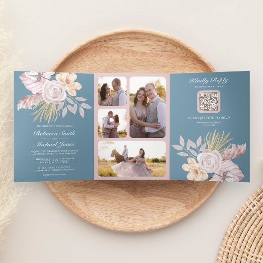 Rustieke Stofblauwe Roze Bloemencode QR Code Trouw Drieluik Uitnodiging