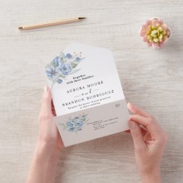 rustieke stoffig blauwe waterverf bloemen & blader all in one uitnodiging