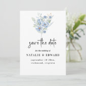 rustieke stoffig blauwe waterverf bloemen & blader save the date (Staand voorkant)