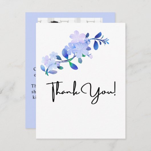 rustieke stoffige blauwe aquarel-stijl bloem & bla bedankkaart (Voorkant / Achterkant)