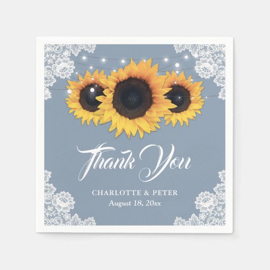 Rustieke stoffige blauwe kant zonnebloem bruiloft servet (Voorkant)