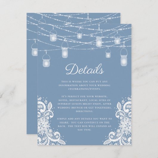 Rustieke Stoffige Blauwe Lichten Bruiloft Details Informatiekaartje (Voorkant / Achterkant)