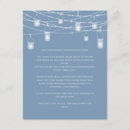 Rustieke Stoffige Blauwe Lichten Bruiloft Details Informatiekaartje (Achterkant)