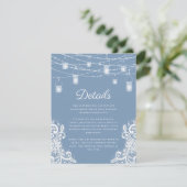 Rustieke Stoffige Blauwe Lichten Bruiloft Details Informatiekaartje (Staand voorkant)