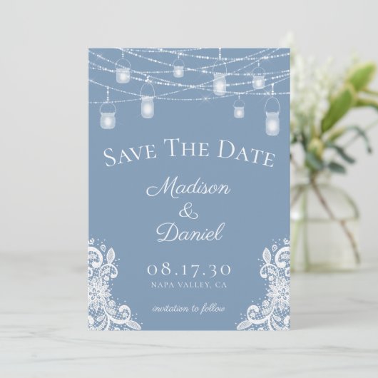 Rustieke Stoffige Blauwe Lichten Foto Bruiloft Save The Date (Staand voorkant)