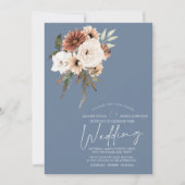 Rustieke stoffige blauwe perzik bloemenbruiloft kaart (Voorkant)