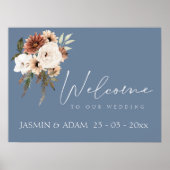 Rustieke stoffige blauwe perzik bloemenbruiloft we poster (Voorkant)