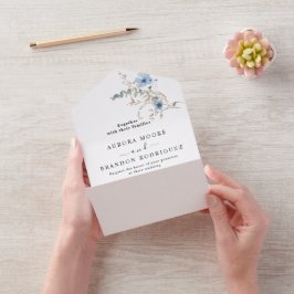 rustieke stoffige blauwe waterverf bloemenboeket all in one uitnodiging